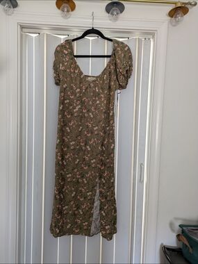 Liberty Love Olive Green Floral Midi Dress with Puff Sleeves Sz XL New
